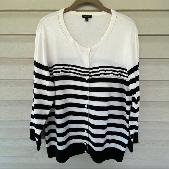 Talbots Black and White Stripe Ruffle Nautical Coastal Cardigan Size XL - Picture 2 of 7